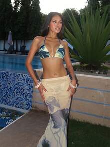 3pcs Geometric Pattern & Tropical Flower Print Casual, Cute, Elegant, Sexy Bohemian Sash Bikini Set, Women Beach Vacation Swimwear, Spring/Summer