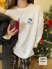 Women's Loose Fit Cartoon Print Long Sleeve Cotton T-Shirt, Suitable For Spring And Autumn