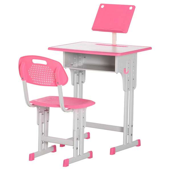 HOMCOM Set Scrivania e Sedia per Bambini 6-12 Anni ad Altezza Regolabili, Banco Scuola con Lampada, Cassetto, Gancio, Portapenne e Leggio, Set Banco con Sedia per Bambini in Acciaio e MDF