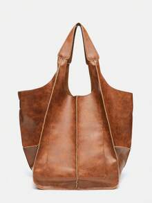 女士托特包，棕色咖啡色，复古欧美拼接设计，大容量，简约单肩包，适合年轻及中年女性，日常通勤、购物、旅行皆宜。 - 棕色 - 查看 5