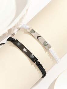 ATLVXJL 2件套发光情侣/友谊阴阳心形不锈钢吊坠可调节绳手链套装，适合日常佩戴和节日礼物 - 彩色 - 查看 8