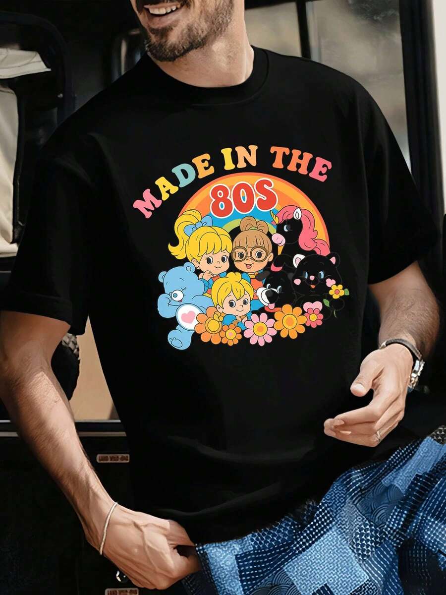 T-shirt vintage con grafica cartoon anni '80 realizzata in tessuto di alta qualità, girocollo, vestibilità ampia, comoda, stampa artistica - nero - Visualizzare 1