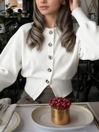 Yüksek Kaliteli Kadın Düz Renk Örme Düğmeli Günlük Hırka Kazak, Günlük Giyim ve Tatiller İçin Uygun, Sonbahar/Kış