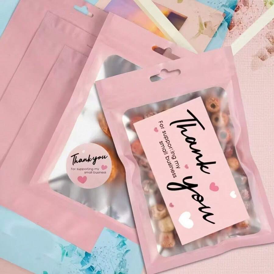 570PCS (20 Resealable Pouches + 500 Round Stickers + 50 Cards) Thank You Card & Sticker Set With Resealable Pouches-Elegant Pink-And-White Design, Premium Paper Stock, Perfect For Small Business Support, Online Retailers, Local Shops, And Business Owners. Business Thank You Cards, Retailer Appreciation Cards