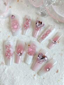 10片亚克力按压式美甲贴片，棺材形假指甲，美甲用品，返校季，粉色石膏抱熊，粉色蝴蝶结和心形钻石，粉白相间，适合女士在婚礼、派对、节日等场合使用，美甲工具礼品 - 彩色 - 查看 2