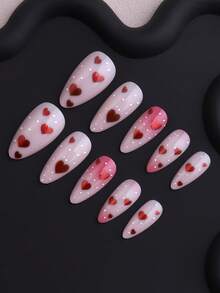 24 akrylowe naklejki na paznokcie z motywem walentynkowym, minimalistyczny wzór z czerwonymi serduszkami i białymi kropkami. W zestawie 1 klej i 1 pilnik do paznokci. Naklejki na paznokcie w kształcie migdałów, średniej długości, odpowiednie do noszenia na co dzień, na zajęcia na świeżym powietrzu, imprezy i inne okazje, idealne dla dziewczyn i kobiet.