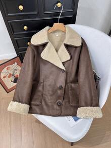 GMFP Women's Fall/Winter Casual Elegant Oversized Fashionable Marbled Collar Warm Winter Detachable Collar Faux Leather Jacket Outerwear Women's Winter Coat New Year/Valentine's Day - Brown - View 2