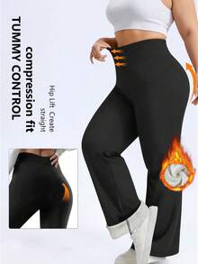 Calça Flare Plus Size, Calça de Ioga Térmica Forrada para Mulheres, Calça Térmica de Cintura Alta, Calça Flare de Inverno - Preto - Visão 5