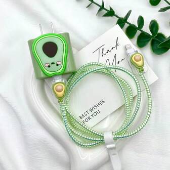 Apple Data Cable Protection Cover Is Suitable For IPhone 13/12/11 Charger 18/20W Fast Charging, Avocado Apple Data Cable Protection Cover Is Suitable For Cute Cartoon Simple Charger 18/20W Fast Charging Head, Cable Winding Device For Orderly Storage, Decorative Cable Protector