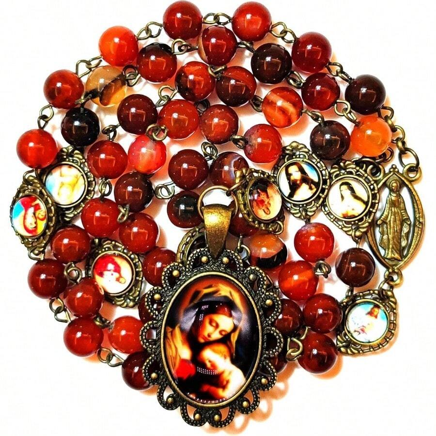 Seven Sorrows Beads Rosery 8mm Catholic gifts women men Dark brown Natural agate - inicial - Ver 1
