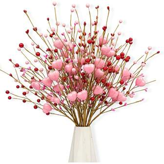 Valentine's Day Gifts, Valentine's Day Decorations, Set Of 4, 6, Or 8 Pink Heart-Shaped Berry Clips With Red Berries, Suitable For Valentine's Day, Weddings, Candlelight Dinners, And Anniversaries