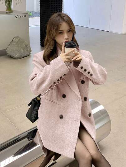 Y6Y 2025新款复古人字纹双排扣羊毛夹克，宽松休闲优雅女士西装外套，秋季款