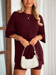 Women's Summer Clothes 2 Piece Sets Lounge Set Casual Oversized Shirts Biker Shorts Matching Airport Travel Sweatsuit Set Women Vacation Outfit Wine Red Summer Brunch Outfits For Women - 酒紅色 - 查看 5