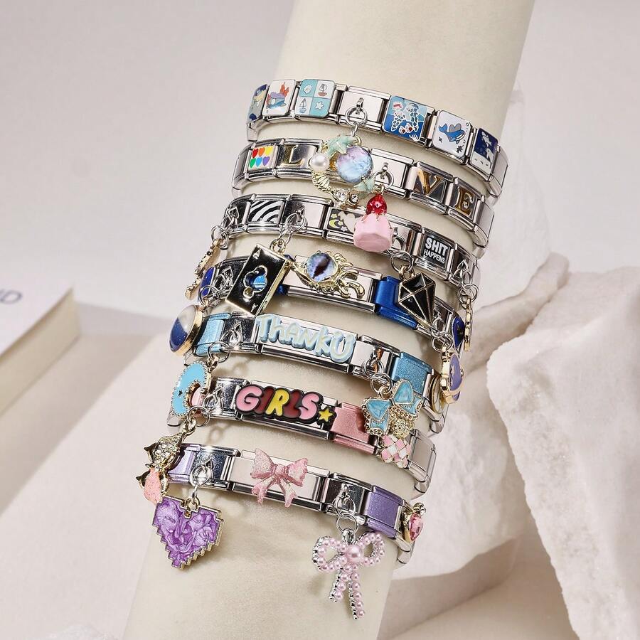 1pc Personalized Multi-Element Stainless Steel Detachable Bracelet, Letter/Heart/Planet/Bow Decor, Multi-Color Fashionable Versatile Bracelet - Multicolor - View 1