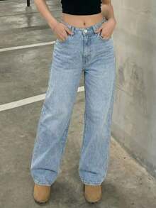 Women Vintage Loose Straight Leg Baggy Stacked Jeans - Light Wash - View 2