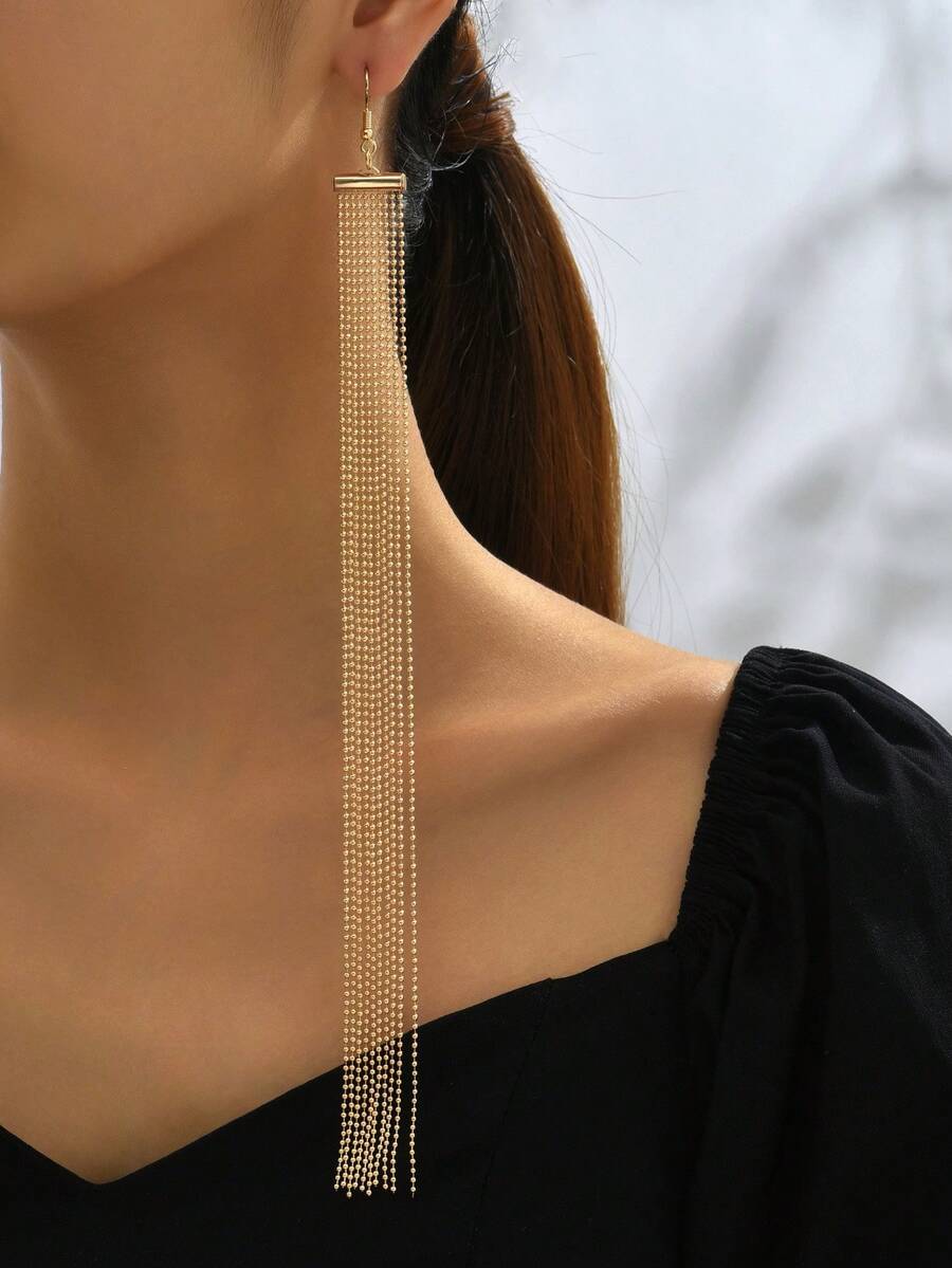 1 Pair Fashionable Minimalist Versatile Ball Chain Tassel Long Earrings, Suitable For Women's Daily Wear - Yellow Gold - View 1