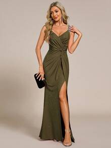 EVERPRETTY Vestido formal largo de mujer elegante con escote en V, hombros con lentejuelas, cintura alta plisada, estilo sirena con abertura alta, color verde oliva, para citas, cenas formales, fiestas de cumpleaños, fiestas de Año Nuevo, reuniones familiares