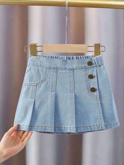Young Girl Dark Blue Denim Skorts, 2025 New Vintage Pleated Shorts, Fashion