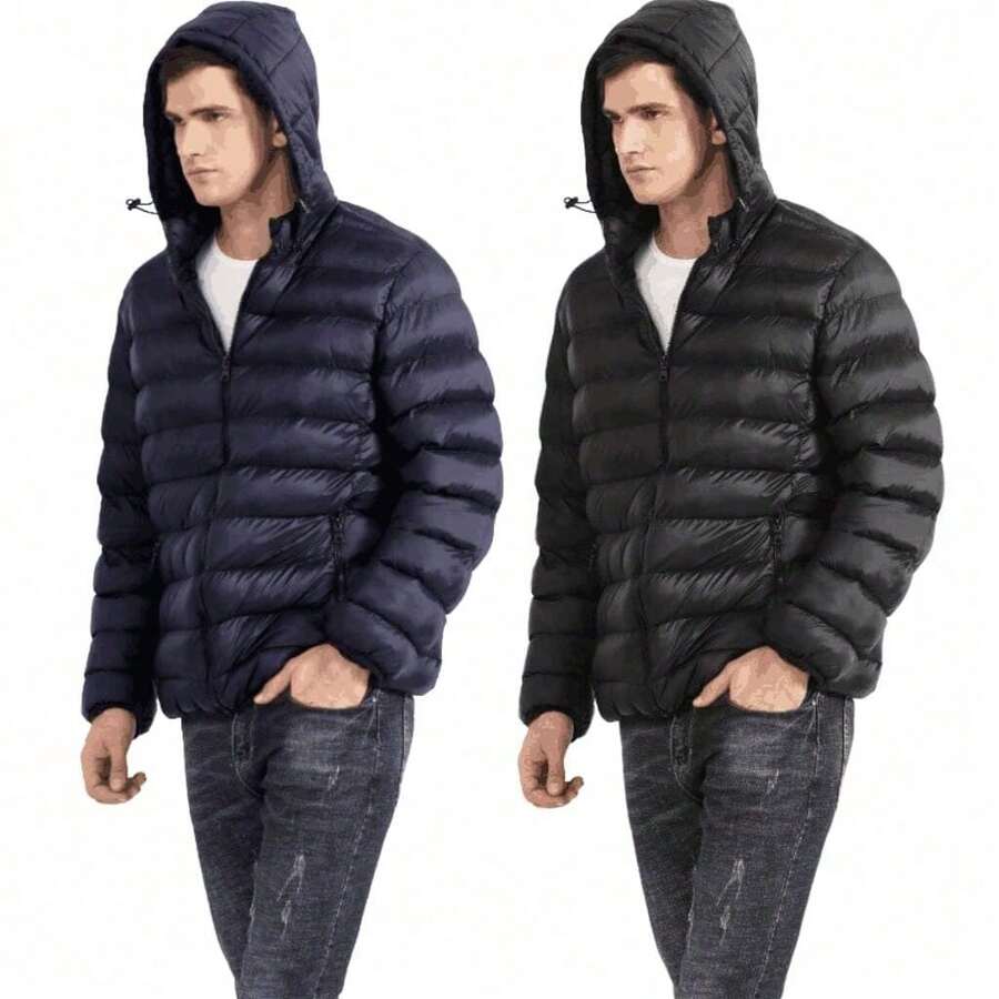 Lightweight Men's Puffer Jacket – Hooded Cotton-Padded Zipper Coat For Winter Cold Weather, Comfortable Travel Outerwear & Christmas Gift Option - Đen + Xanh - Xem 1