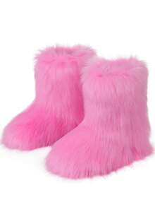 EdgyElongate Women's Winter Christmas Fur Boots Fuzzy Fluffy Round Toe Suede Booties Flat Heel Slip On Furry Snow Boots Fashion Warm Fluffy Shoes - 粉色 - 查看 9