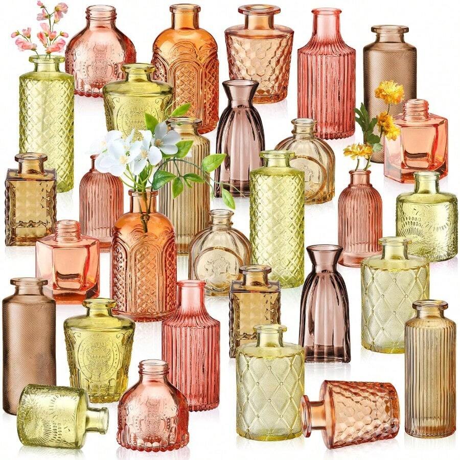 30 Pcs Vases Bulk Colored Flower Glass Christmas Vases Bud Vintage Colored Glass Bottles Colorful Rustic Emed For Home Wedding Table Decorations Gifts Orange Yellow Series - Dòng sản phẩm OrangeYellow - Xem 1