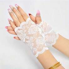 Black/White Flower Lace Gloves, Short Thin Breathable Fingerless Gloves, Summer Sunscreen Driving Gloves For Women - 黑色 - 查看 4
