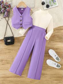 Kid Toddler Girls Suits Baptism Day Church Outfits Formal Wedding Guest Outfit Tuxedo Waistcoat Long Sleeve Mock Neck T Shirt Pants Sets 3pcs Dress Clothes 3-10 Years - 紫色 - 查看 1