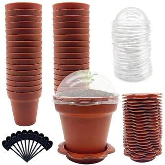20 Pack Cupcake Plant Nursery Pots With Humidity Dome- Small Plastic Flower Pots With Saucers And Shovel For Indoor Outdoor Seedling Succulent Vegetable(Brown)