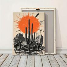 Póster de lona con marco de madera de 1 unidad-arte Vintage de la puesta del sol del desierto con vaqueros, cactus y siluetas-Decoración de pared Retro en blanco y negro para sala de estar, oficina o Hogar, decoración del hogar occidental - Multicolor - Ver 5