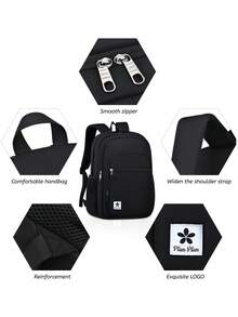 1pc Simple Black Backpack, Multi-Pocket Design With Clover Patch, Adjustable Shoulder Straps, Lightweight Nylon Student Backpack, Zipper Closure - Black - View 5