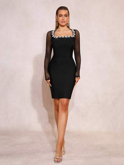 Sexy Square Neck Rhinestone Flower Design High-End Short Skirt Mesh Splicing Slim Fit Bodycon Dress Women's Party Gowns Banquet Party Gowns