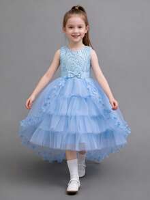 新款女童公主裙，演出服，派对礼服，特殊场合礼服，薄纱网纱公主裙，优雅可爱女童裙 - 淺色水洗藍 - 查看 6