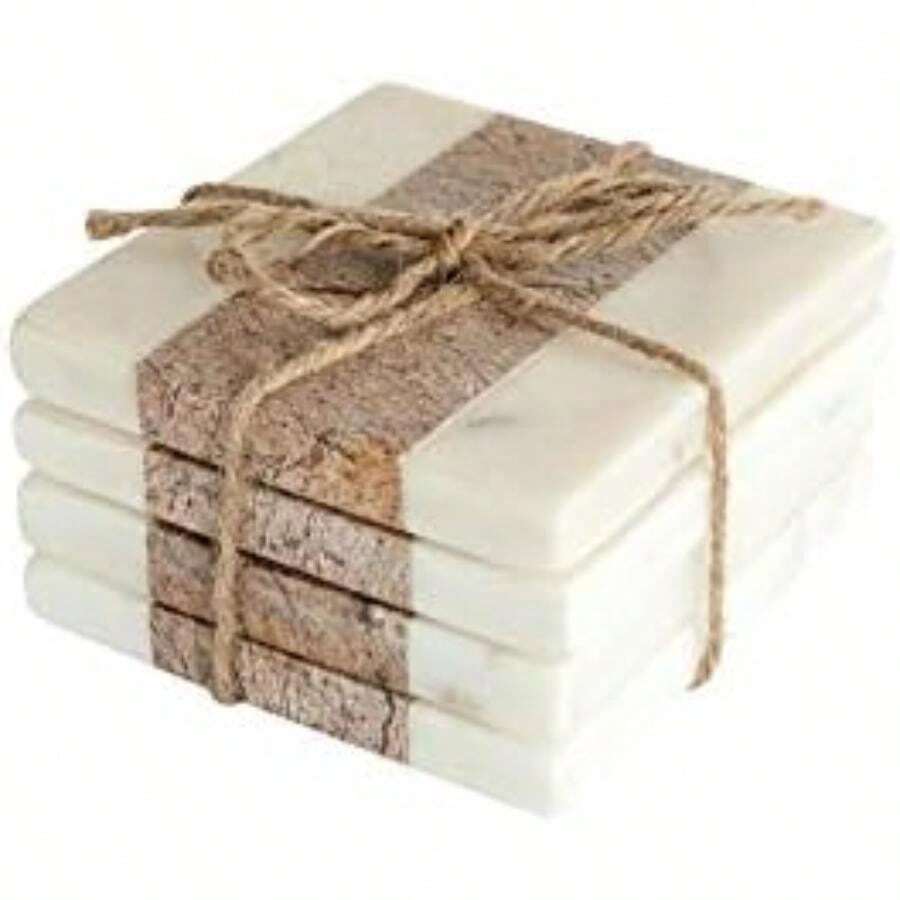Creative Co-Op - Posavasos Cuadrados de mármol con Cuerda de Yute, café (Juego de 4 Piezas)(default) - Multicolor - Ver 1