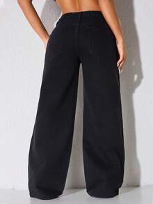 Jeans casuales de cintura baja y pierna ancha de color azul con bolsillos en sesgo y adornos con cuentas - Negro - Ver 2