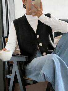 Women's Casual Solid Color V-Neck Long Sleeve Button-Up Knit Vest, Suitable For Spring And Autumn Outfits - Black - View 3
