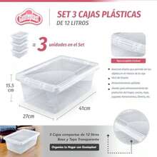 Guateplast - Juego de 3 Contenedores de Almacenamiento de Plástico 13Qt (12 Litros) | Contenedores Plásticos para el Hogar | Cajas de Plástico | Cajas Plásticas | Organizadores | Color(Natural) - Multicolor - Ver 3