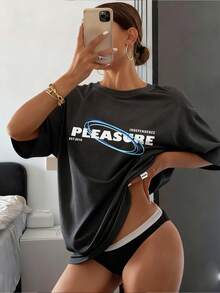 Women's Loose Crew Neck Short Sleeve T-Shirt, New Summer Letter Print Fashion Casual Versatile Top - Dark Grey - View 1