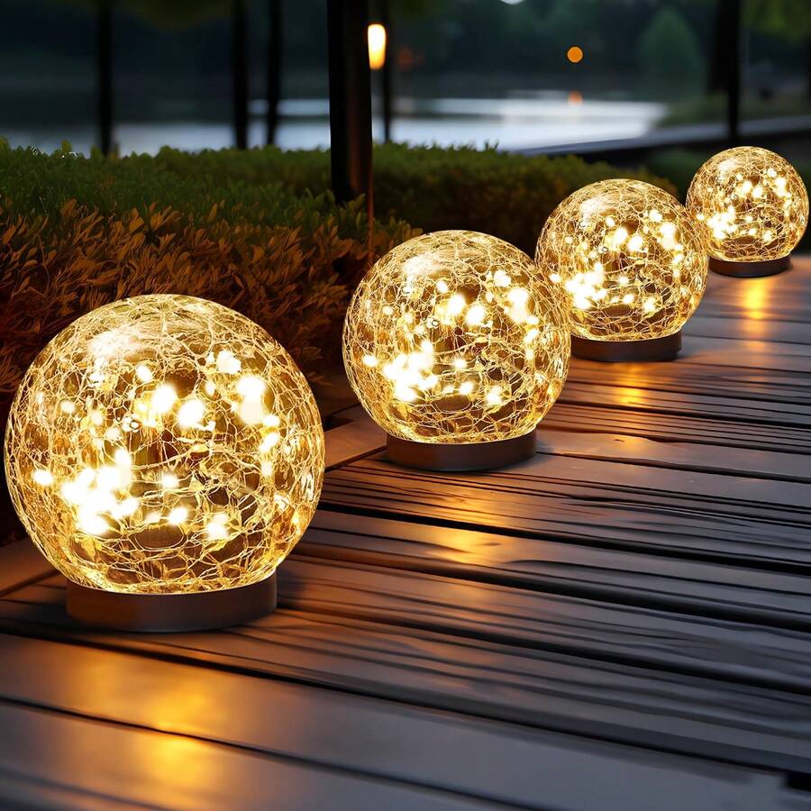 Solar Globe Lights Outdoor Waterproof - Cracked Glass Ball Lights For Garden, Patio, Yard, Lawn And Backyard Decor - Solar Orbs For Outside Decorations-4Psc - 暖白色 - 查看 1