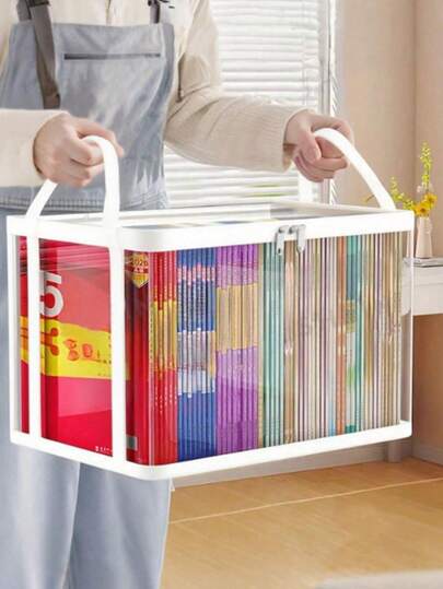 1个透明加厚学生/家用书籍收纳盒，大容量防水衣物收纳盒（折叠可能导致褶皱，实物效果以实物为准）