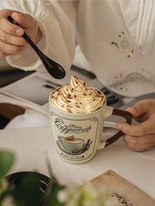 1个带盖勺子的陶瓷咖啡杯，适用于拿铁、摩卡、卡布奇诺等咖啡，复古美式咖啡拿铁杯，法式复古早餐牛奶燕麦杯，适用于餐厅、客厅、咖啡馆等场所。 - 彩色 - 查看 11
