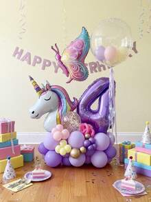 Bộ trang trí sinh nhật chủ đề Kỳ lân & Bướm gồm 39 món: Bóng bay số 0-9 màu tím 32 inch, Bóng bay kỳ lân khổng lồ, Bóng bay hình bướm bằng giấy bạc, Bóng bay bong bóng trong suốt 18 inch, Bóng bay cao su màu tím & tím nhạt 10 inch, Bóng bay cao su màu tím Macaron/vàng kim loại/vàng Macaron 5 inch, Bóng bay cao su lấp lánh màu vàng hồng 12 inch. Thích hợp cho tiệc mừng em bé, trang trí sinh nhật, trang trí sân vườn ngoài trời mùa xuân. - Nhiều màu - Xem 8