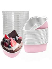 30Pcs Heart Shaped Cake Pans With Lids, Mini Pink Aluminum Foil Baking Tins 3.4 Oz, Disposable Cupcake Containers For Valentine's Day, Mother's Day, Wedding, Party - Multicolor - View 4