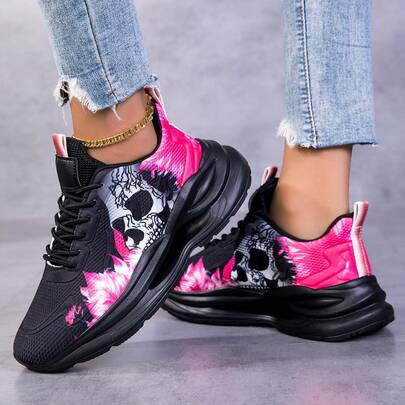 1 Pair Unisex Skull & Lightning Mesh Breathable Casual Sneakers, Shock-Absorbing Sports Shoes For Running, Fashionable & Unique, Suitable For Spring/Summer