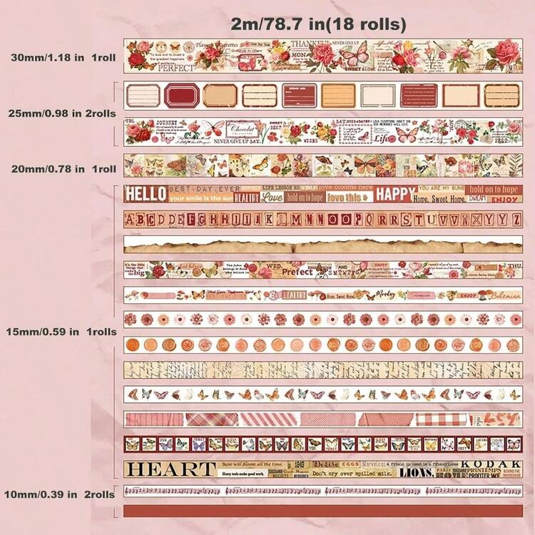 18 Rolls Washi Tape Set Crafts And Journaling Vintage Floral Tape Scrapbooking Supplies Washi Tape Journaling Decorative Tape Crafts - 花卉畫廊 - 查看 4