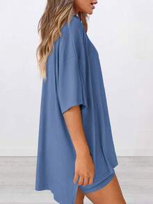 Valentine's Day  Women's Two-Piece Casual Set Summer Casual Baggy Plus Size Top Cycling Shorts With Airport Travel Wear - 藍色 - 查看 3