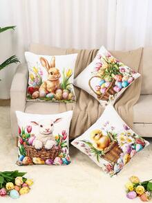 4件套复活节枕套，复活节快乐抱枕套，饰有兔子、彩蛋、小鸡和绵羊图案，45*45厘米桃皮绒面料，抱枕套，复活节家居装饰，复活节派对装饰，卧室配件，办公椅用品，春季装饰，复活节彩蛋寻宝派对礼品，房间装饰，复活节礼物，春季派对礼品 - 彩色 - 查看 9