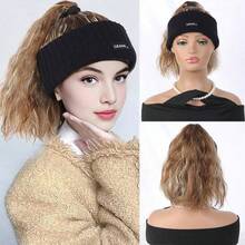 Synthetic Short Curly Ponytail Wig Hat, Natural Looking, With Adjustable Fluffy Knit Cap, Elastic Hair Band Wig Hat In Black, Gold, And Brown Colors - Multicolor - View 15