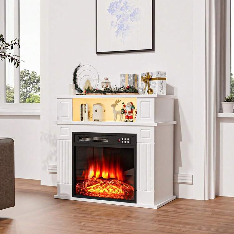 28" Electric Fireplace With Mantel, 18 Inch Electric Fireplace Insert With Remote Control, Freestanding Mantel Fireplace With Storage Shelf For Living Room, Customizable Flame USB LED Stress,5V - Xem 2