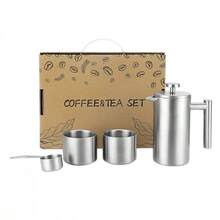 双层不锈钢法式滤压咖啡壶套装，含2个保温杯和量勺 - 哑光黑或拉丝银 - 彩色 - 查看 9