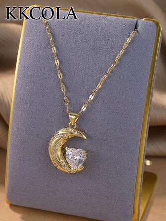 1 pieza Collar con colgante de luna y circonita blanca de moda, regalo de joyería para fiesta, festival y uso diario